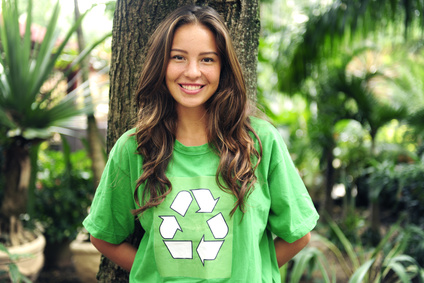 environmental activist  in the forest wearing recycle t-shirt